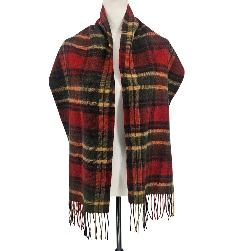Club Room‎ Cashmere Tartan Plaid Scarf Orange Green Tan Fringe Unisex Classic